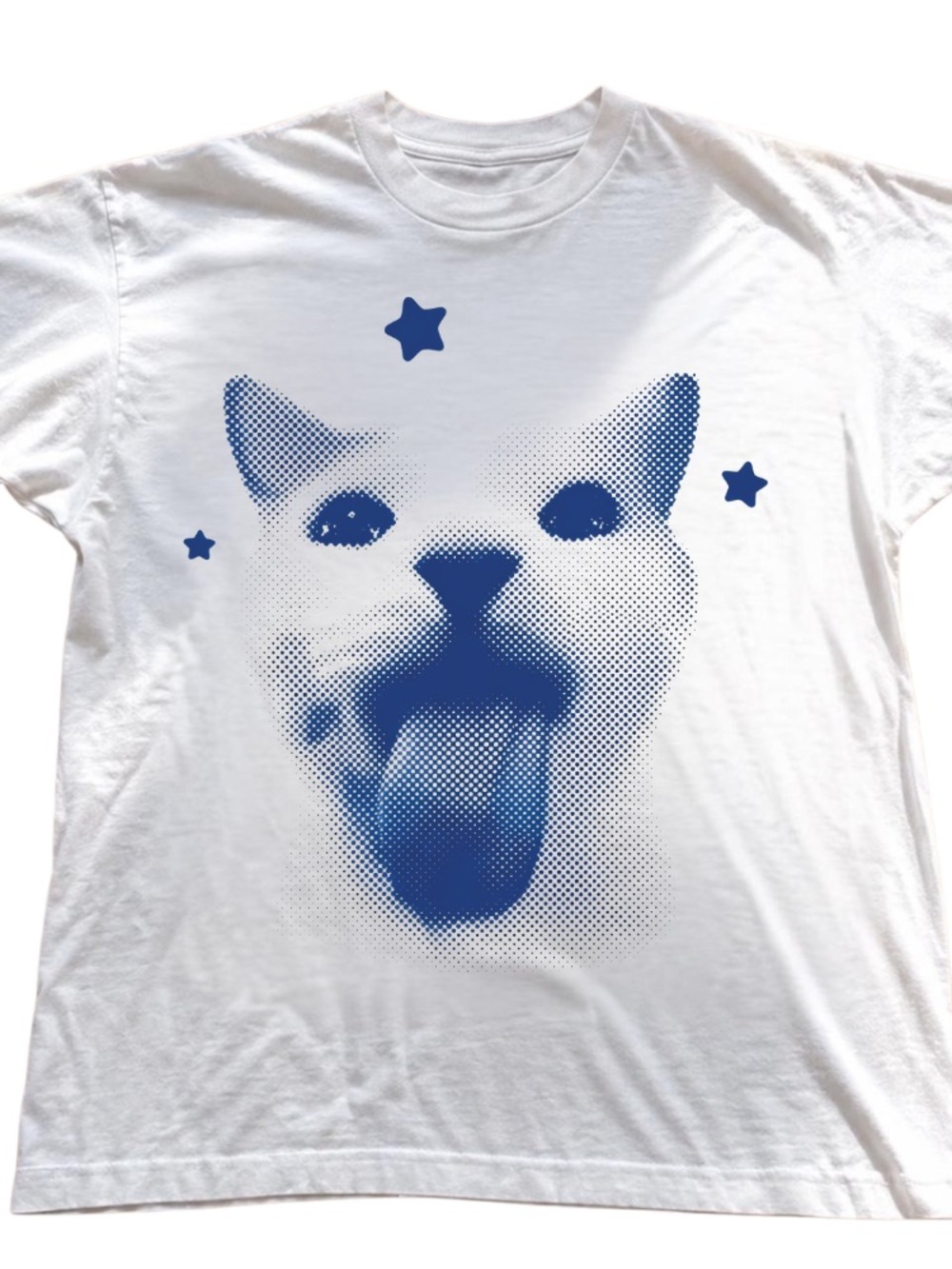 White Cat Graphic T-Shirt with Blue Halftone Design
